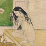 Rhada Bathing with Krishna Watching, Fine Antique Indian Miniature Painting, Framed as Found