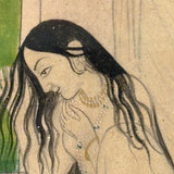 Rhada Bathing with Krishna Watching, Fine Antique Indian Miniature Painting, Framed as Found