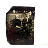 Young Man and Old Woman on Park Bench with Amazing Faces, Antique Sixth Plate Tintype