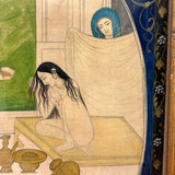 Rhada Bathing with Krishna Watching, Fine Antique Indian Miniature Painting, Framed as Found