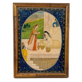 Rhada Bathing with Krishna Watching, Fine Antique Indian Miniature Painting, Framed as Found