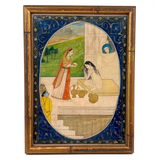 Rhada Bathing with Krishna Watching, Fine Antique Indian Miniature Painting, Framed as Found