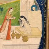 Rhada Bathing with Krishna Watching, Fine Antique Indian Miniature Painting, Framed as Found