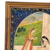 Rhada Bathing with Krishna Watching, Fine Antique Indian Miniature Painting, Framed as Found