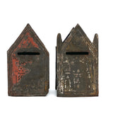 Pair of 19th C. Painted Tin Coin Banks in Original Red, Blue and Silver Paint