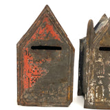 Pair of 19th C. Painted Tin Coin Banks in Original Red, Blue and Silver Paint