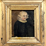 Bright Eyed, Blushing, Very Full of Spirit Child in Ruffled Collar, Small 18th/Early 19th Century Portrait in Lemon Gold Frame
