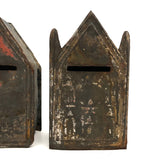 Pair of 19th C. Painted Tin Coin Banks in Original Red, Blue and Silver Paint