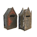 Pair of 19th C. Painted Tin Coin Banks in Original Red, Blue and Silver Paint