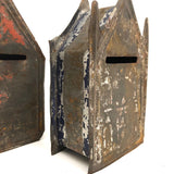 Pair of 19th C. Painted Tin Coin Banks in Original Red, Blue and Silver Paint