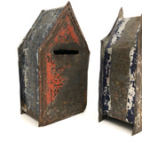 Pair of 19th C. Painted Tin Coin Banks in Original Red, Blue and Silver Paint