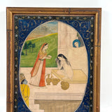 Rhada Bathing with Krishna Watching, Fine Antique Indian Miniature Painting, Framed as Found