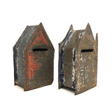 Pair of 19th C. Painted Tin Coin Banks in Original Red, Blue and Silver Paint