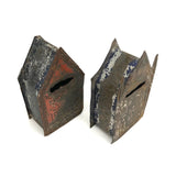 Pair of 19th C. Painted Tin Coin Banks in Original Red, Blue and Silver Paint