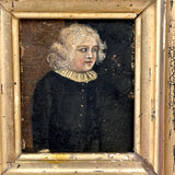 Bright Eyed, Blushing, Very Full of Spirit Child in Ruffled Collar, Small 18th/Early 19th Century Portrait in Lemon Gold Frame