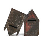 Pair of 19th C. Painted Tin Coin Banks in Original Red, Blue and Silver Paint