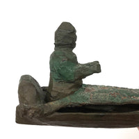 SOLD Carved Figure in Wood and Leather Boat or Sled, Antique Folk Art Carving