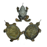 Group of Three Little Squished Painted Tin Toys: Turtles and a Frog