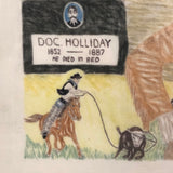 Pure Americana, Hand-drawn Folk Art Homage to Doc Holliday on Handkerchief, Framed as Found
