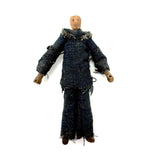 Wonderful Old Miniature Carved Wooden Doll in Denim with Hand-drawn Face and Gripping Hands