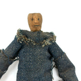 Wonderful Old Miniature Carved Wooden Doll in Denim with Hand-drawn Face and Gripping Hands