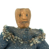 Wonderful Old Miniature Carved Wooden Doll in Denim with Hand-drawn Face and Gripping Hands