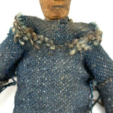 Wonderful Old Miniature Carved Wooden Doll in Denim with Hand-drawn Face and Gripping Hands