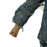Wonderful Old Miniature Carved Wooden Doll in Denim with Hand-drawn Face and Gripping Hands