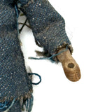 Wonderful Old Miniature Carved Wooden Doll in Denim with Hand-drawn Face and Gripping Hands