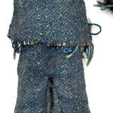Wonderful Old Miniature Carved Wooden Doll in Denim with Hand-drawn Face and Gripping Hands