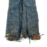 Wonderful Old Miniature Carved Wooden Doll in Denim with Hand-drawn Face and Gripping Hands