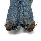 Wonderful Old Miniature Carved Wooden Doll in Denim with Hand-drawn Face and Gripping Hands