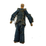 Wonderful Old Miniature Carved Wooden Doll in Denim with Hand-drawn Face and Gripping Hands
