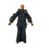 Wonderful Old Miniature Carved Wooden Doll in Denim with Hand-drawn Face and Gripping Hands