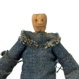 Wonderful Old Miniature Carved Wooden Doll in Denim with Hand-drawn Face and Gripping Hands