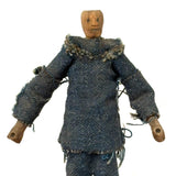 Wonderful Old Miniature Carved Wooden Doll in Denim with Hand-drawn Face and Gripping Hands