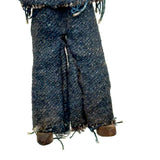 Wonderful Old Miniature Carved Wooden Doll in Denim with Hand-drawn Face and Gripping Hands