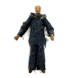 Wonderful Old Miniature Carved Wooden Doll in Denim with Hand-drawn Face and Gripping Hands