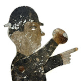 Antique Painted Tin Folk Art Pair of Figures in Bowlers with Pointing Arms