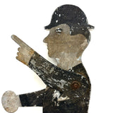 Antique Painted Tin Folk Art Pair of Figures in Bowlers with Pointing Arms