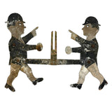 Antique Painted Tin Folk Art Pair of Figures in Bowlers with Pointing Arms