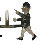 Antique Painted Tin Folk Art Pair of Figures in Bowlers with Pointing Arms