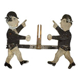 Antique Painted Tin Folk Art Pair of Figures in Bowlers with Pointing Arms
