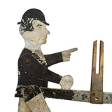 Antique Painted Tin Folk Art Pair of Figures in Bowlers with Pointing Arms