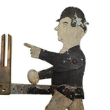 Antique Painted Tin Folk Art Pair of Figures in Bowlers with Pointing Arms