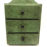 Three Drawer Hanging Chest in Original Green Paint with Hand-carved Pulls