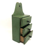 Three Drawer Hanging Chest in Original Green Paint with Hand-carved Pulls
