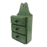 Three Drawer Hanging Chest in Original Green Paint with Hand-carved Pulls