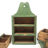 Three Drawer Hanging Chest in Original Green Paint with Hand-carved Pulls