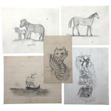 19th C. Graphite School Drawings Lot #4: Cat with Fan, Boat, Eagle's Nest